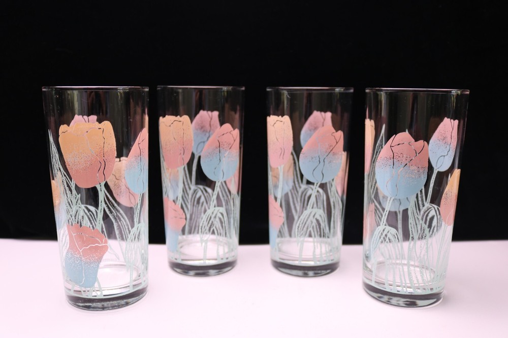 MCM CULVER 4 Tulip Glass Tall Cooler Tumblers Hand Silk Screened