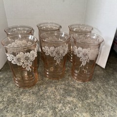 MacBeth Evans Dogwwod Set of 6 Pink Depression Glass Juice Tumblers 10 oz Etched