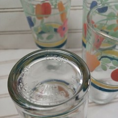 Vintage RARE Gibson Fruit Drinking Glasses Fruit and Floral w/Stripes Set of 4