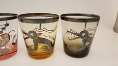 6 MID CENTURY MODERN HIGHBALL OLD FASHION DRINK SILVER GLASSES ABSTRACT ANIMALS