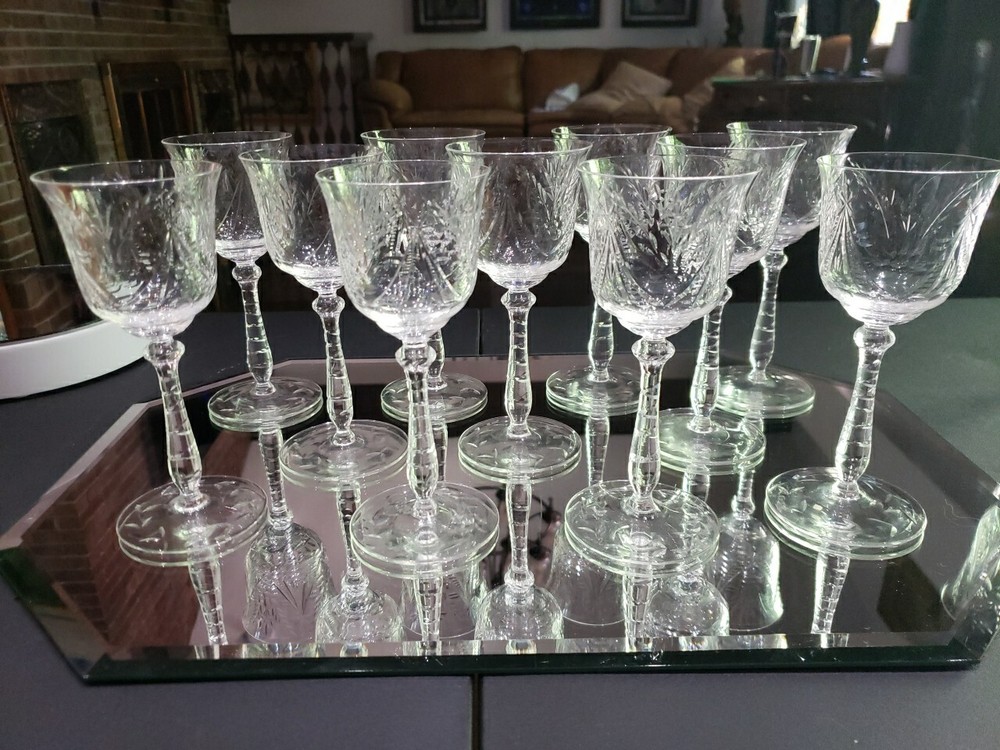 (11) Wine Goblets Glasses 6″ Elegant crystal Rock Sharpe? floral swag dots arch