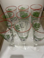 Libbey Currier & Ives Pilsner Clear Red Trim Farm Scene 1800’s 8 1/2″ T Set 9