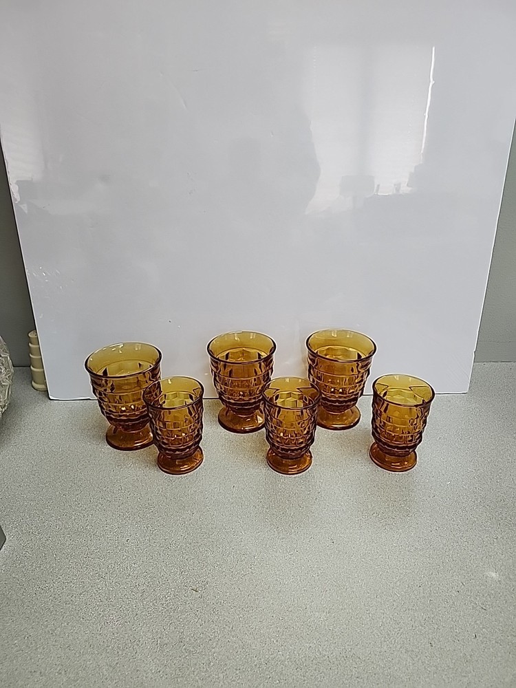 6 Vintage Indiana Glass Colony Whitehall Cubist Amber Glasses 3-4 1/4″ & 3-3 3/4