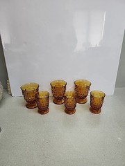 6 Vintage Indiana Glass Colony Whitehall Cubist Amber Glasses 3-4 1/4″ & 3-3 3/4