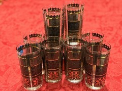 Intricate Vtg Signed Capri of California Black & Gold Highball Glasses Set of 6