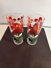 Juice Glass, Clear – Orange Red Flowers – Green Leaves – Unbranded