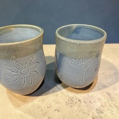 Vintage Studio Art Pottery Blue Ceramic Tumblers Signed AMT – Carved Set of 2