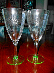 TWO Green Foot 7″ Wine Glasses WESTON Vaseline Vintage Etched