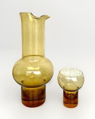 Vintage Mid-Century Modern Bedside Amber Glass 10-3/4″ Carafe & 4″ Cup/Glass