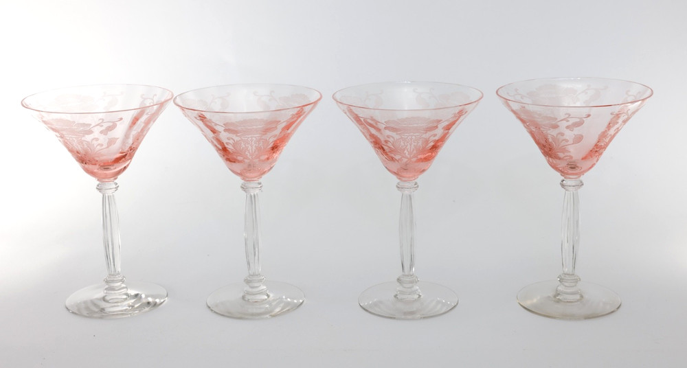 4 Tiffin Franciscan Flanders Pink Etched Tall Champagne Glasses 1920s 6.25″T