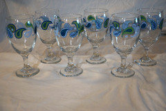 6 MCM LIBBEY CRISA BLUE TEAL PAISLEY PATTERNED GOBLETS WINE GLASSES 7″