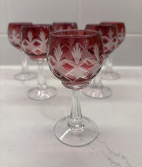 Val St Lambert Wine Cordial Glasses Set of 6 Cranberry Red Cut to Clear Crystal