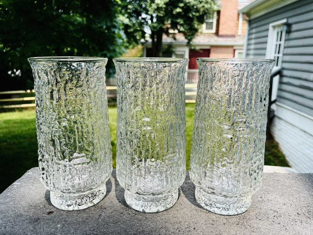 3 Libbey Artica Crystal 6″ Glasses Set Vintage 1970s Clear Geometric Textured
