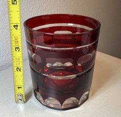 Vtg Pottery Barn Ruby Red & Clear Banded Thumbprint Pattern Whiskey Glasses (2)