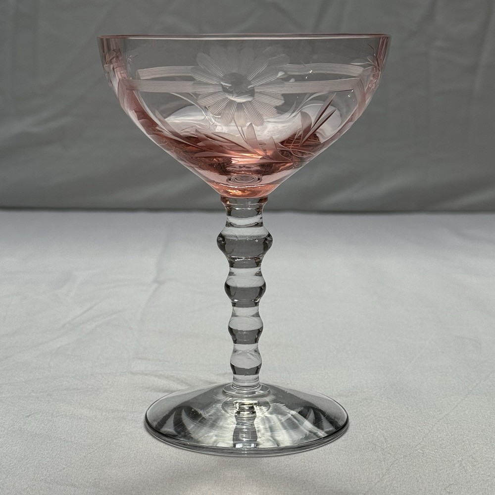 SET OF 6 VTG PINK DEPRESSION GLASS CHAMPAGNE / SHERBET ETCHED OPTIC FANCY STEM