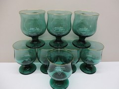 Set Of 9 Libbey Juniper Green Tulip Glasses Water~Wine~Rocks Goblets Gold Trim