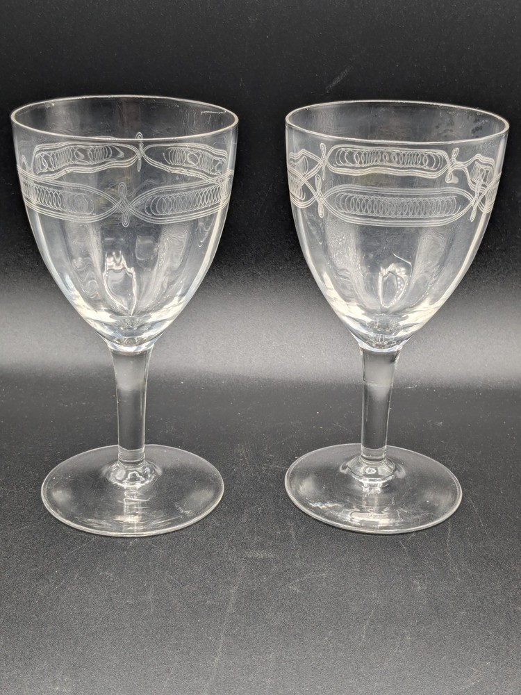Set of 2 Vintage Needle Etched Crystal Goblets