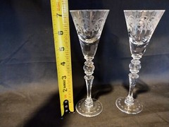 Set of 2 Vintage Etched Blown Glass Tall Stem Cordials Vertical Cuts Swags Dots