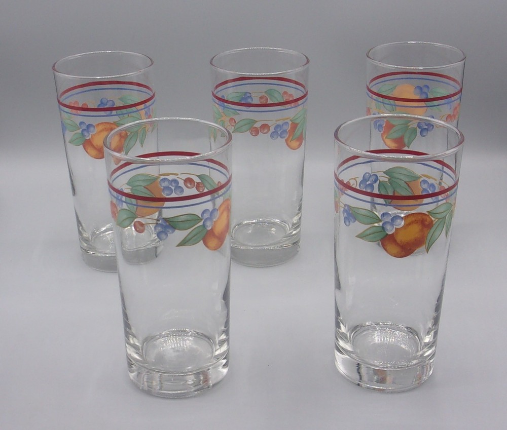 Corelle by Corning Abundance Tumbler Glasses 6″ Tall Vintage Set of 5 – Fruit