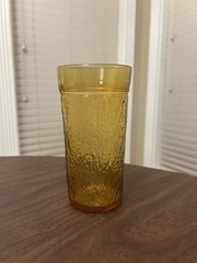 Vintage Kerr Amber Drinking Glass Tumbler 1970 Textured Crinkle Tree Bark 6″ Cup