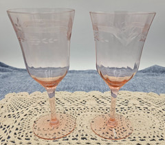 Vintage Tiffin Franciscan May Pink Glass Goblets 7″ Etched Floral Panel Set of 2