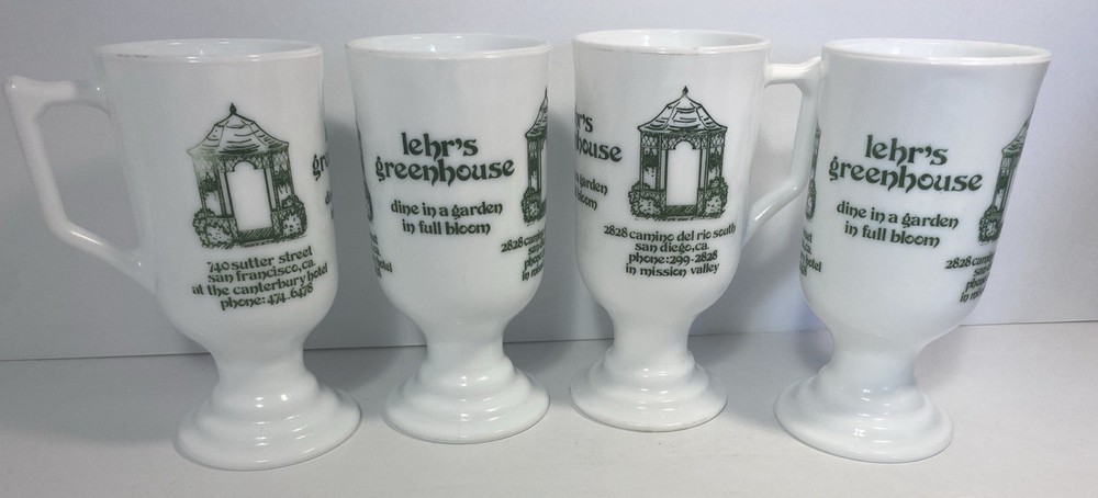 Vintage Set of 4 each Lehr’s Greenhouse California Milk Glass Tea Coffee Mug