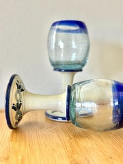 Vintage Early Century Hand Blown Glass Goblets With Talavera Pottery Hand Painte
