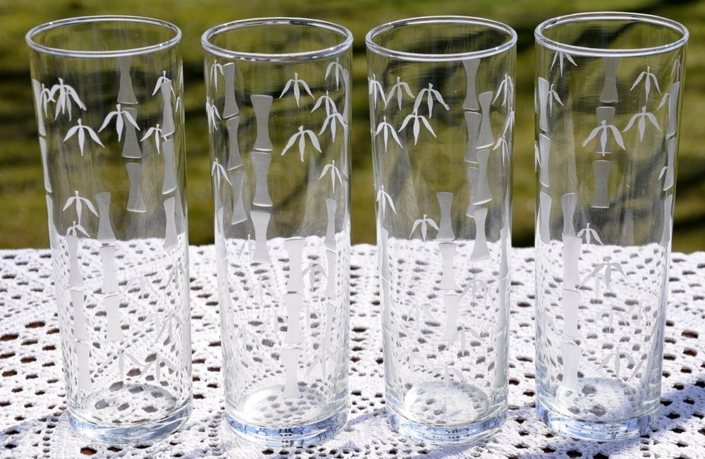 4 Libbey Frosted Bamboo Cooler Drinking Glasses 14 oz.