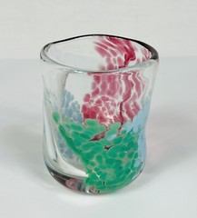 (1) Handblown Confetti Art Glass Blue/Red/Green Glass Short Uneven Tumbler