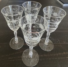 4 – Rock Sharpe Crystal Normandy WINE Goblet 8” Stem 3005-2 Floral Etch Vintage