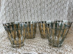 6 Vintage MCM CULVER Pisa 22K Gold Green stained glass lowball Cocktail Glass