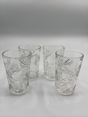 4 Vintage Early American Prescut Glass Star of David 3 1/2” Juice Glasses 4oz