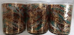 1950’s Culver 22Karat Gold Low Ball Red/Teal Glasses Peacock Swirl Pattern (3)