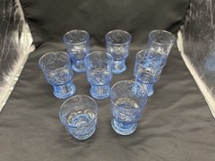 Pilgrim Glass ADAMS Set 8 RARE Vtg Aqua Blue FOOTED TUMBLERS Raised Shell