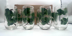 Antique or Vtg Sterling Glass Co. Green Ivy Vine Clear 5″ Drinking Glass Set 8