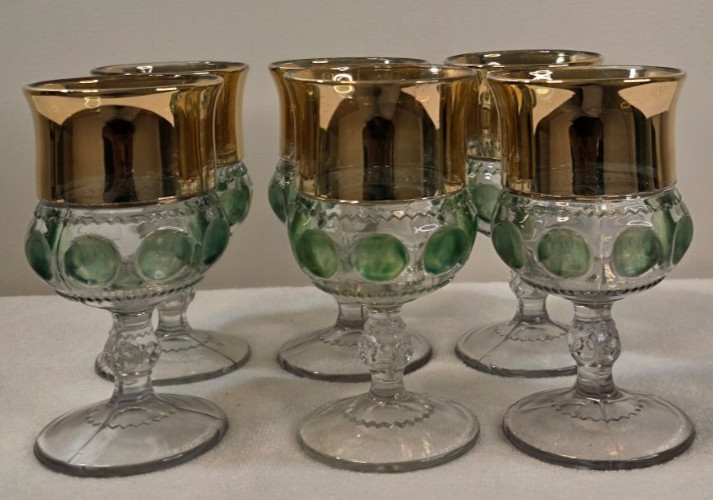 EAPG Adams US Glass XLCR Excelsior Kings Crown Flash Green Thumbprint Goblet X6