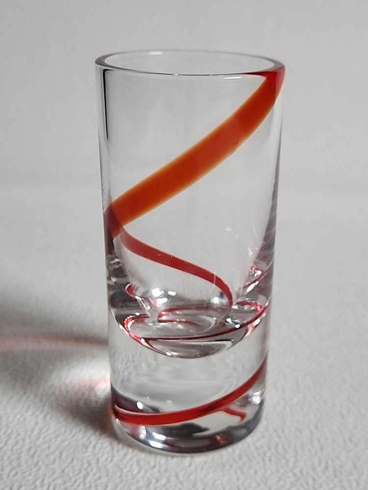 Red Swirl tall Shot Glass PIER 1 Clear with Red Swirl Line Design 3.5″ Tall