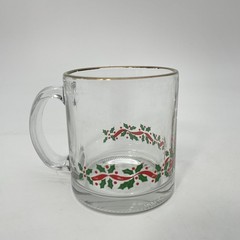 Set 6 Holly Berry Clear Glass Beer Mugs Gold Rim Christmas USA