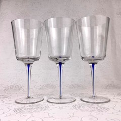 3 Filament Stem Cobalt Blue Teardrop Wine Glasses Straight Side Hand Blown EUC