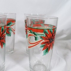 Vtg Set Of 6 KIG Poinsettia & Holly Berry Pattern Christmas 16 Oz Glasses