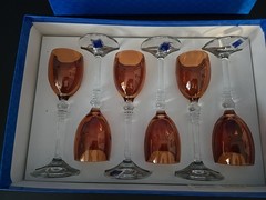 G A CRYSTAL ITALIAN WINE GOBLETS Small Glasses Amber and Clear set in box