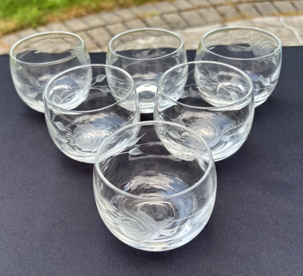 Set of 6 Schott-Zwiesel Clear Gray Cut Vintage Rose 5oz Roly Poly Glasses EUC