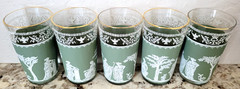 5 Vintage Jeanette Glass Wedgewood Grecian Green Hellenic 5″ Tumbler w/Gold Rim