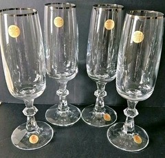4 Platinum Silver Rim Crystal Champagne Glasses Flutes Goblets Schott Zweisel 8″