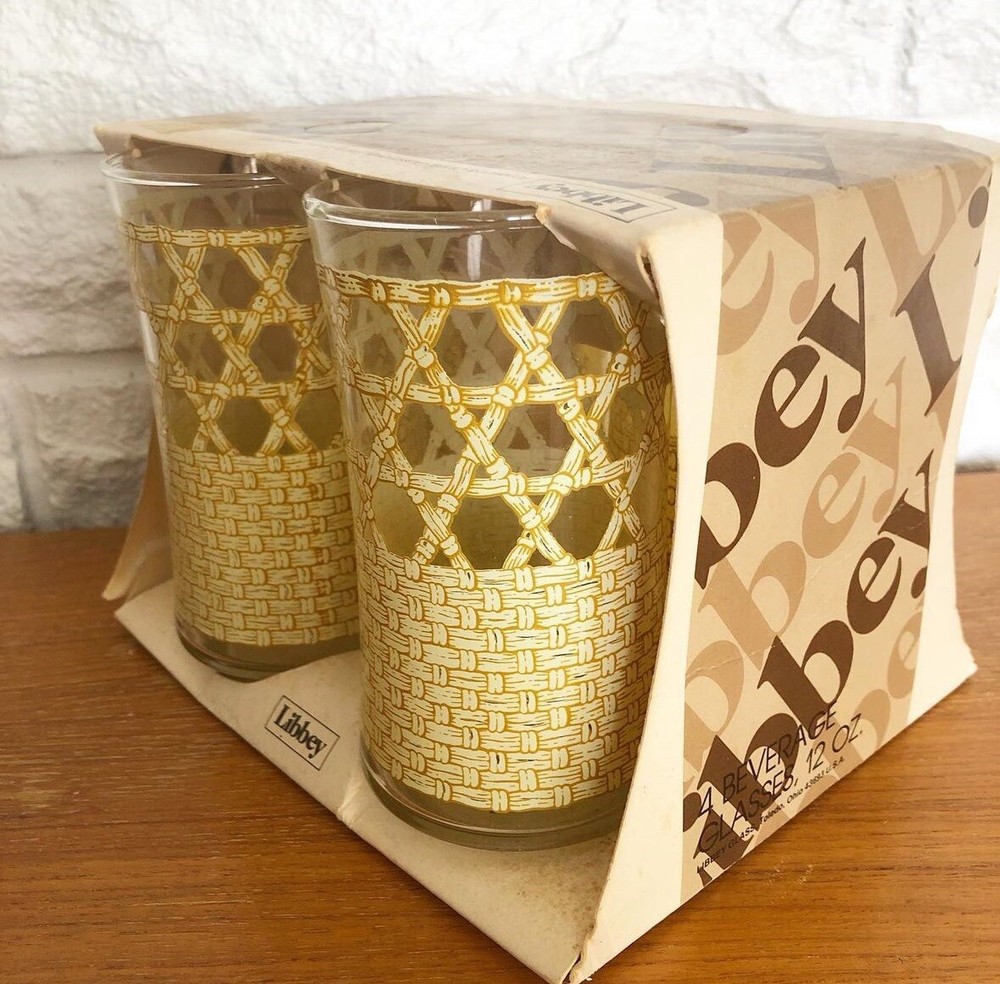 Vintage LIBBEY Set of 4 NOS Bamboo Cane Print Flared Tumbler Glasses 5.25” IOP