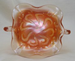 Dugan Question Marks Two-Handled Footed Bonbon in Marigold Carnival Glass