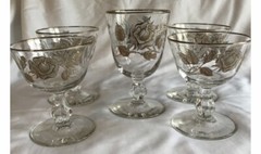 VINTAGE LIBBEY HALLMARK CRYSTAL ROSE BOUQUET GOLD RIMMED WINE GLASSES SET OF 5