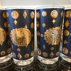 Vintage Fred Press Atomic Sunburst Glasses Black 22K Gold Barware Set MCM 6 cups