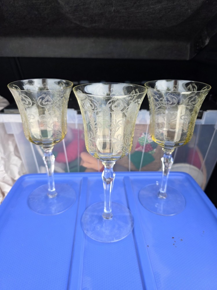 Tiffin-Franciscan Optic Yellow Etched Glass Water Goblets 8.5″H Vintage Set Of 3