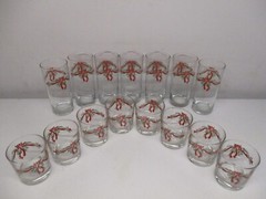 Vtg Anchor Hocking Poinsettia & Ribbons 7 Iced Tea Glasses- 8 Rocks Glasses 15pc